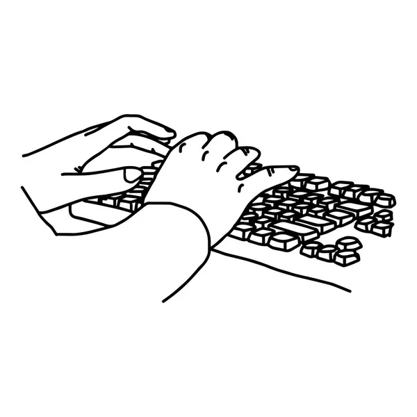 Les mains sur le clavier de l'ordinateur - croquis vectoriel d'illustration dessiné à la main avec des lignes noires, isolé sur fond blanc — Image vectorielle