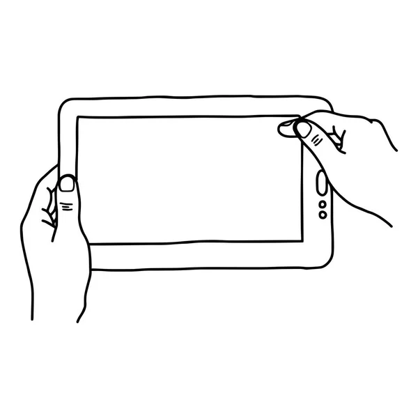 Mãos segurando tablet digital pc - ilustração vetorial esboço mão desenhada com linhas pretas, isolado em fundo branco —  Vetores de Stock