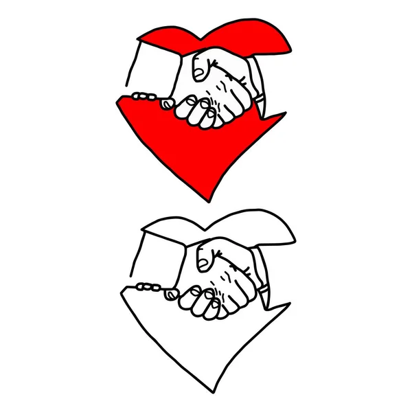Üzleti kézfogás a szív jel - vektor-illusztráció vázlat kézzel rajzolt, fekete vonalakkal, elszigetelt fehér background — Stock Vector
