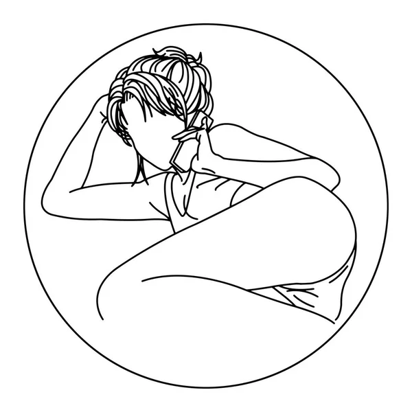 Mujer sexy usando el teléfono móvil en círculo - dibujo ilustración vectorial aislado sobre fondo blanco — Vector de stock