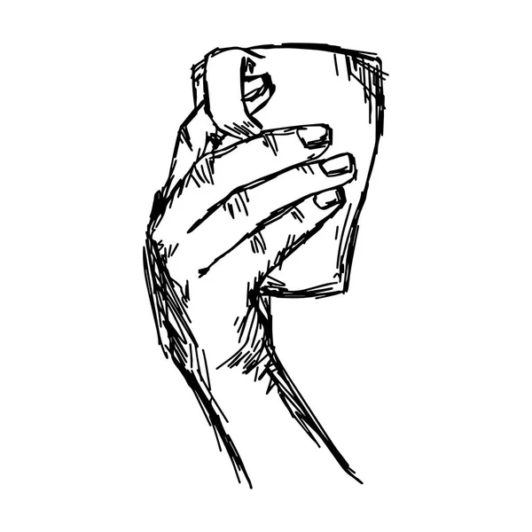 Mano sosteniendo taza de té o café, señalando el dedo en el agujero, vector ilustración bosquejo mano dibujada con líneas negras, aislado sobre fondo blanco — Vector de stock