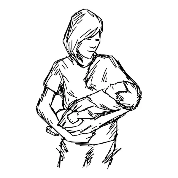 Ázsiai anya és a baba vektoros illusztráció vázlat kézzel rajzolt, fekete vonalakkal, elszigetelt fehér background — Stock Vector