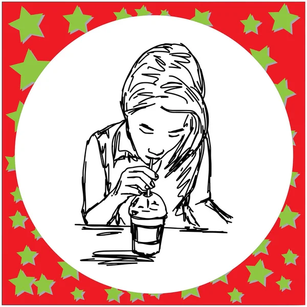 Vetor ilustração esboço mão desenhada com preto linhas de ásia mulher beber gelado café com palha sobre a mesa, isolado no branco fundo —  Vetores de Stock