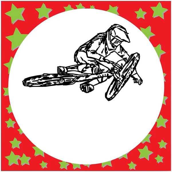 Man paardrijden berg fiets springen - vector illustratie schets hand getekend met zwarte lijnen, geïsoleerd op witte achtergrond — Stockvector