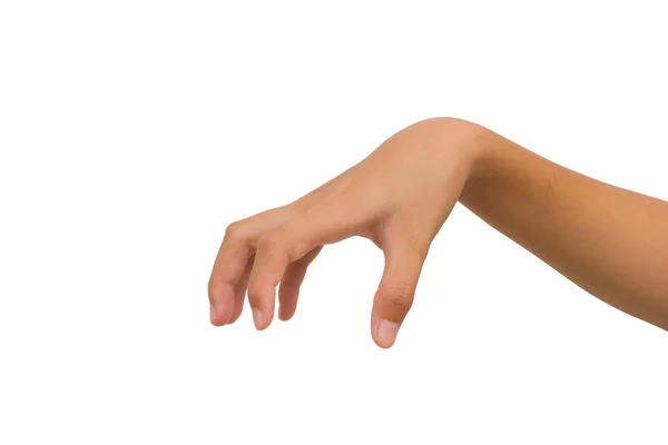 Рука двенадцатилетней азиатской девушки, хватающей что-то очень большое, изолированное на белом фоне. Обрезной путь . — стоковое фото