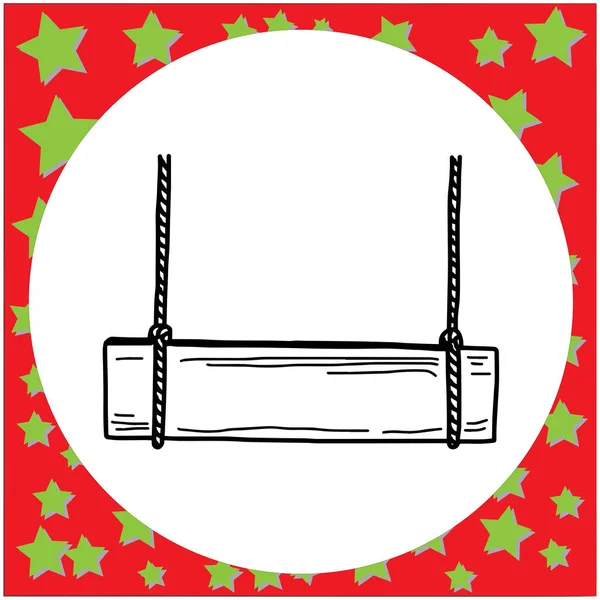 Letrero de madera en blanco colgando con cuerda - ilustración vectorial boceto dibujado a mano con líneas negras, aislado sobre fondo blanco — Vector de stock