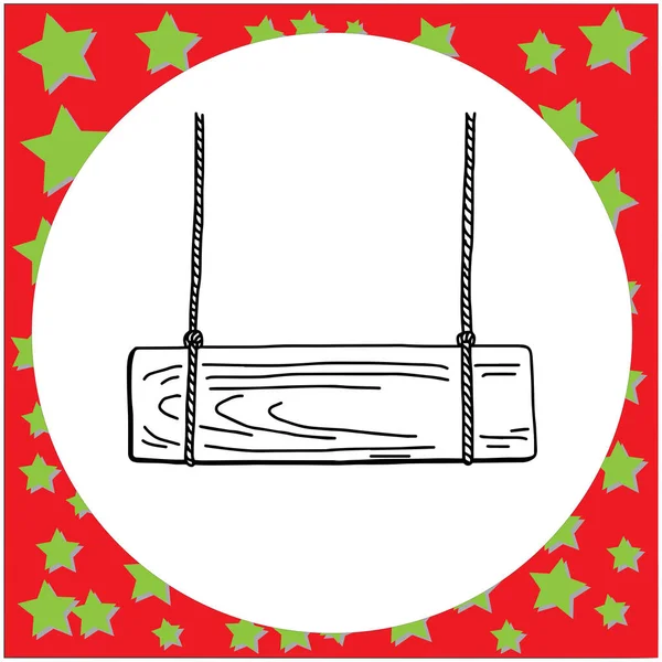 Sinal de madeira em branco pendurado com corda - ilustração vetorial esboço mão desenhada com linhas pretas, isolado no fundo branco — Vetor de Stock