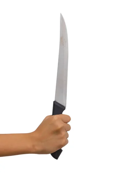 12 anno vecchio asiatico giovane ragazza holding lungo coltello isolato su bianco sfondo. Percorso di ritaglio. concetto di violenza . — Foto Stock