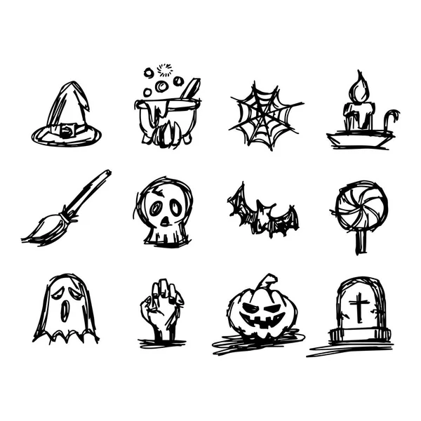 Halloween ícone conjunto vetor ilustração esboço mão desenhada com linhas pretas, isolado no fundo branco — Vetor de Stock