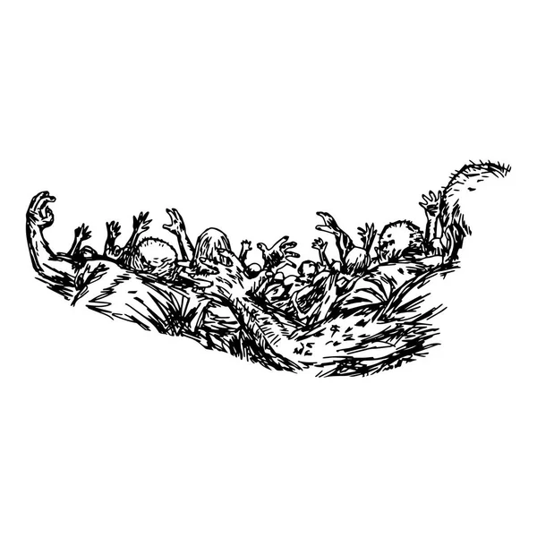 Groep van zombie gebruikt voor Halloween vectorillustratie schets hand getekend met zwarte lijnen, geïsoleerd op witte achtergrond — Stockvector