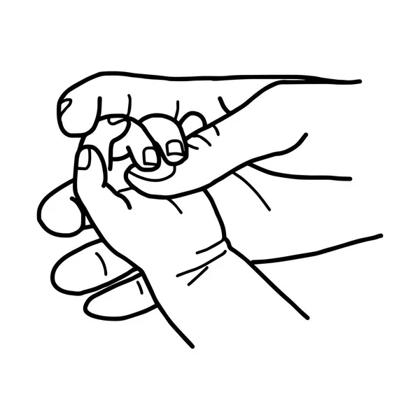 Hand, baby gazdaságban anya szerelem vektoros illusztráció vázlat kézzel rajzolt, fekete vonalakkal, elszigetelt fehér background — Stock Vector