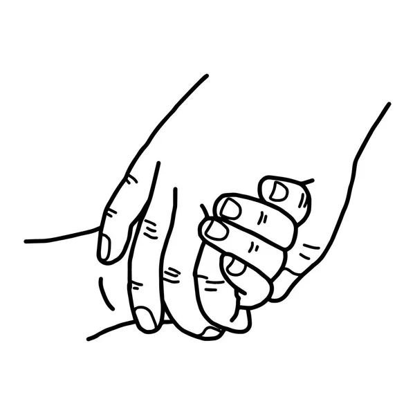 Hand van een kind en moeder met vector illustratie schets hand getekend met zwarte lijnen, geïsoleerd op witte achtergrond — Stockvector