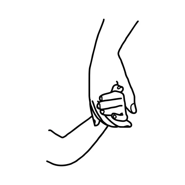 Hand van een moeder met haar kind met liefde vector illustratie schets hand getekend met zwarte lijnen, geïsoleerd op witte achtergrond — Stockvector