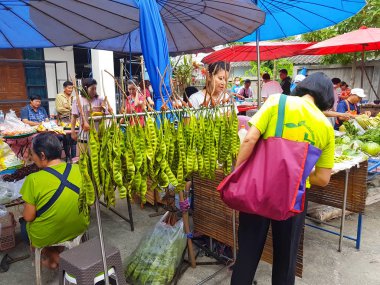 Chiang Mai, Tayland - 29 Eylül: 29 Eylül 2017 Chiang Mai, Tayland akşamı Parkia speciosa veya acı fasulye veya Twisted küme fasulye veya koku fasulye semt pazarı, satın alma kimliği belirsiz Asyalı insanlar.