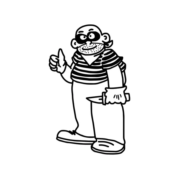 Voleur de bande dessinée personnage de voleur pose avec les pouces vers le haut signe et couteau vectoriel illustration croquis à la main dessiné avec des lignes noires, isolé sur fond blanc — Image vectorielle