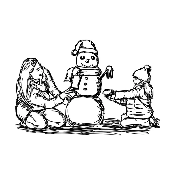 幸せな母と彼女の娘建物雪だるまを冬時間のベクトル図の外スケッチ、白い背景で隔離の黒い線で描かれた手 — ストックベクタ