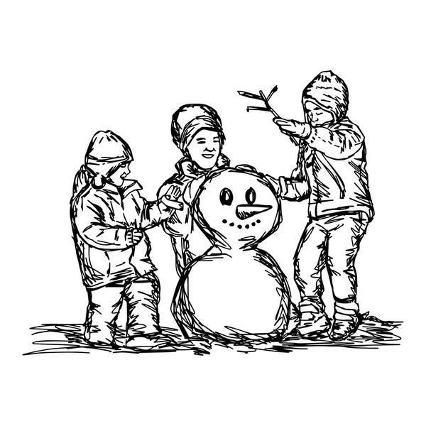 Gelukkig moeder en twee kinderen bouwen sneeuwpop buiten in de winter tijd vectorillustratie schets hand getekend met zwarte lijnen, geïsoleerd op witte achtergrond — Stockvector