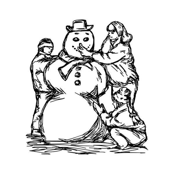 Happy mother and two children building snowman outside in winter time vector illustration sketch hand drawn with black lines, isolated on white background — Stock Vector