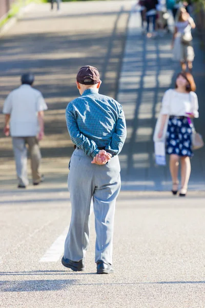 Yalnız Asya yaşlı adam parkta yürüyüş