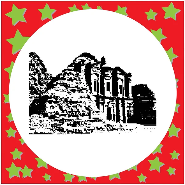 黑色 8 位艾尔卡兹尼神殿-财政部，与古城佩特拉，约旦矢量图白色背景上孤立 — 图库矢量图片
