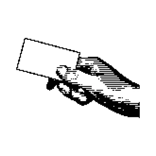 Svart 8-bitars högra hand håller tomt kort vektorillustration isolerade på vit bakgrund — Stock vektor