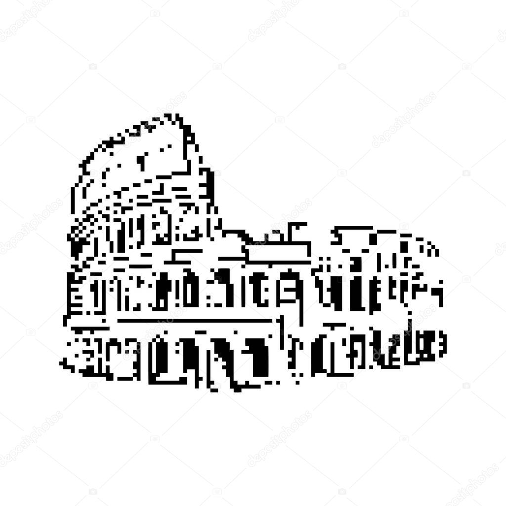 Black 8-bit Colosseum in Rome Italy vector illustration isolated on white background