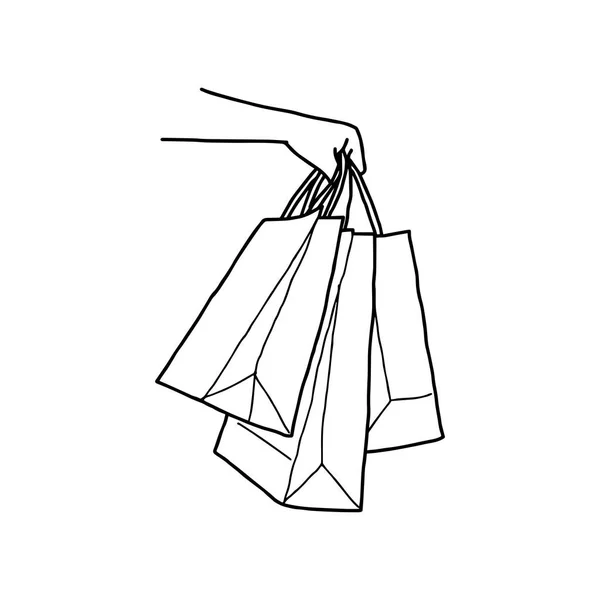 Mano in bianco shopping bags vettore illustrazione schizzo disegnato a mano con linee nere, isolato su sfondo bianco — Vettoriale Stock