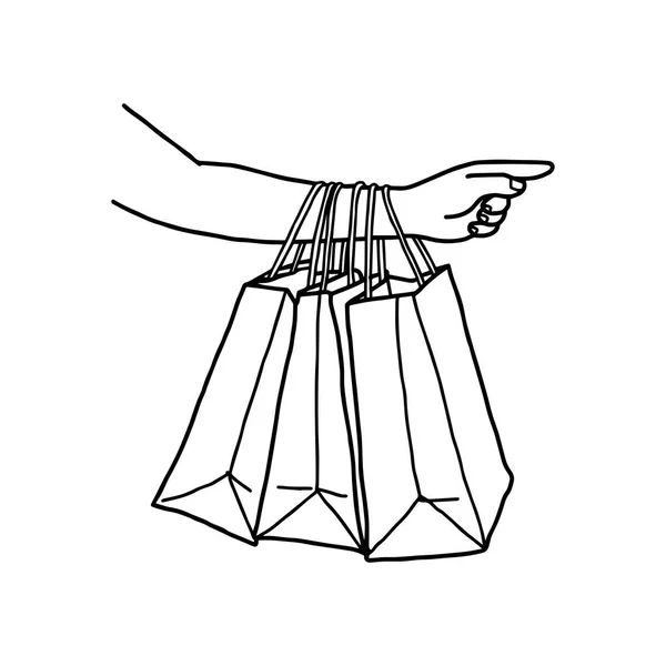Mano con dita puntate e shopping bags in braccio vettoriale illustrazione schizzo disegnato a mano con linee nere, isolato su sfondo bianco — Vettoriale Stock