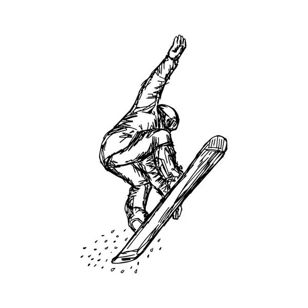 Snowboarder en vuelo ilustración vectorial boceto dibujado a mano con líneas negras, aislado sobre fondo blanco — Archivo Imágenes Vectoriales