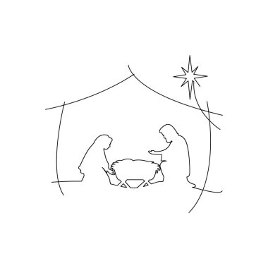 Bebek İsa yemlik beyaz arka plan üzerinde izole Mary ve Joseph vektör çizim siyah anahatları ile Hıristiyan Noel Nativity sahne