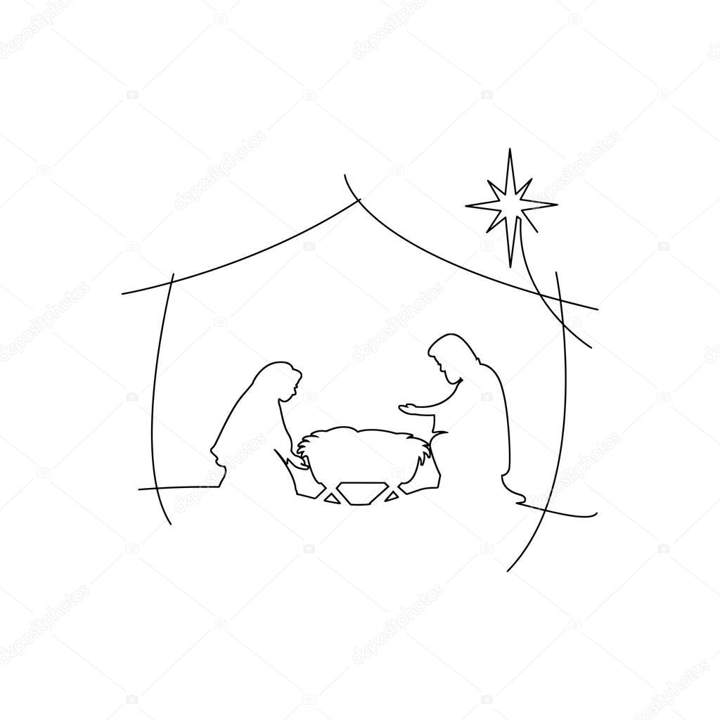 Christian Christmas Nativity Scene of baby Jesus in the manger with Mary and Joseph vector illustration black outlines, isolated on white background