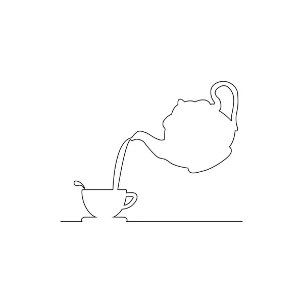 Verser le café de la bouilloire à la tasse de thé vecteur illustration lignes noires, isolé sur fond blanc — Image vectorielle
