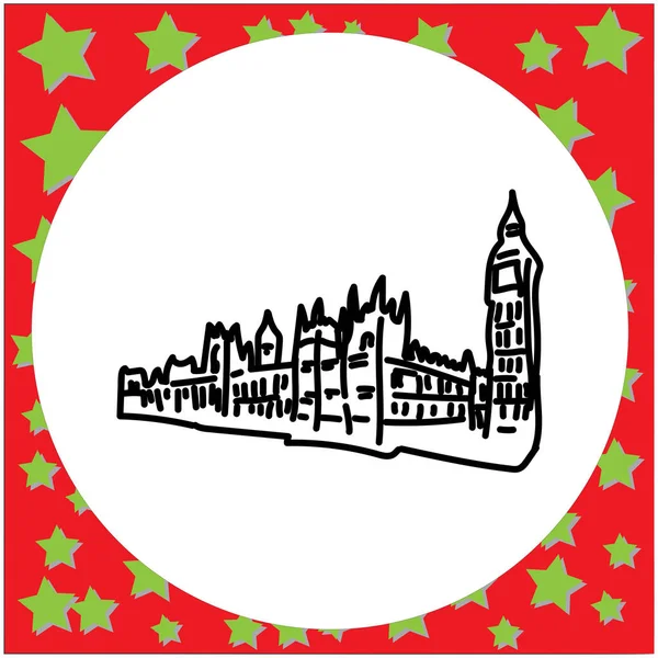 大本钟塔和议会大厦在英国的威斯敏斯特市, 英国伦敦黑线矢量插图白色圆圈框架 — 图库矢量图片