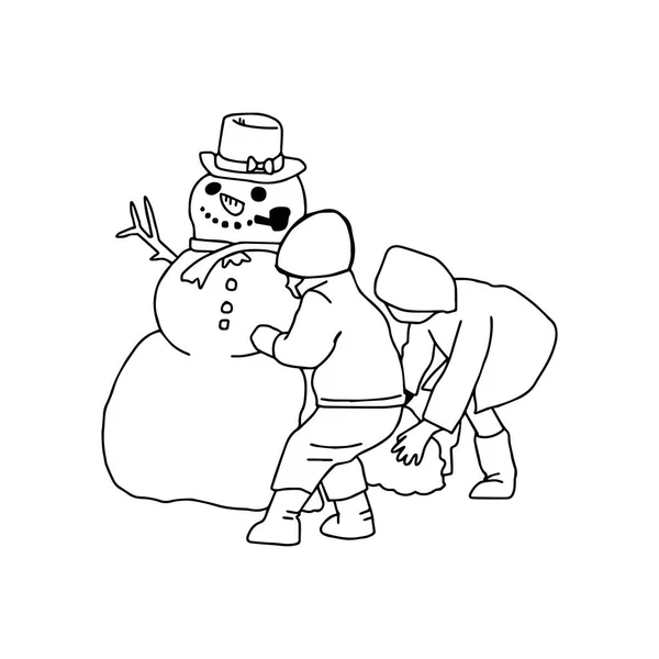 Dwóch chłopców budowa snowman wektor ilustracja rysunku czarne kontury, izolowana na białym tle — Wektor stockowy