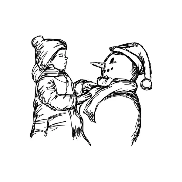 Petit garçon construisant un dessin vectoriel d'homme de neige dessiné à la main avec des lignes noires, isolé sur fond blanc — Image vectorielle