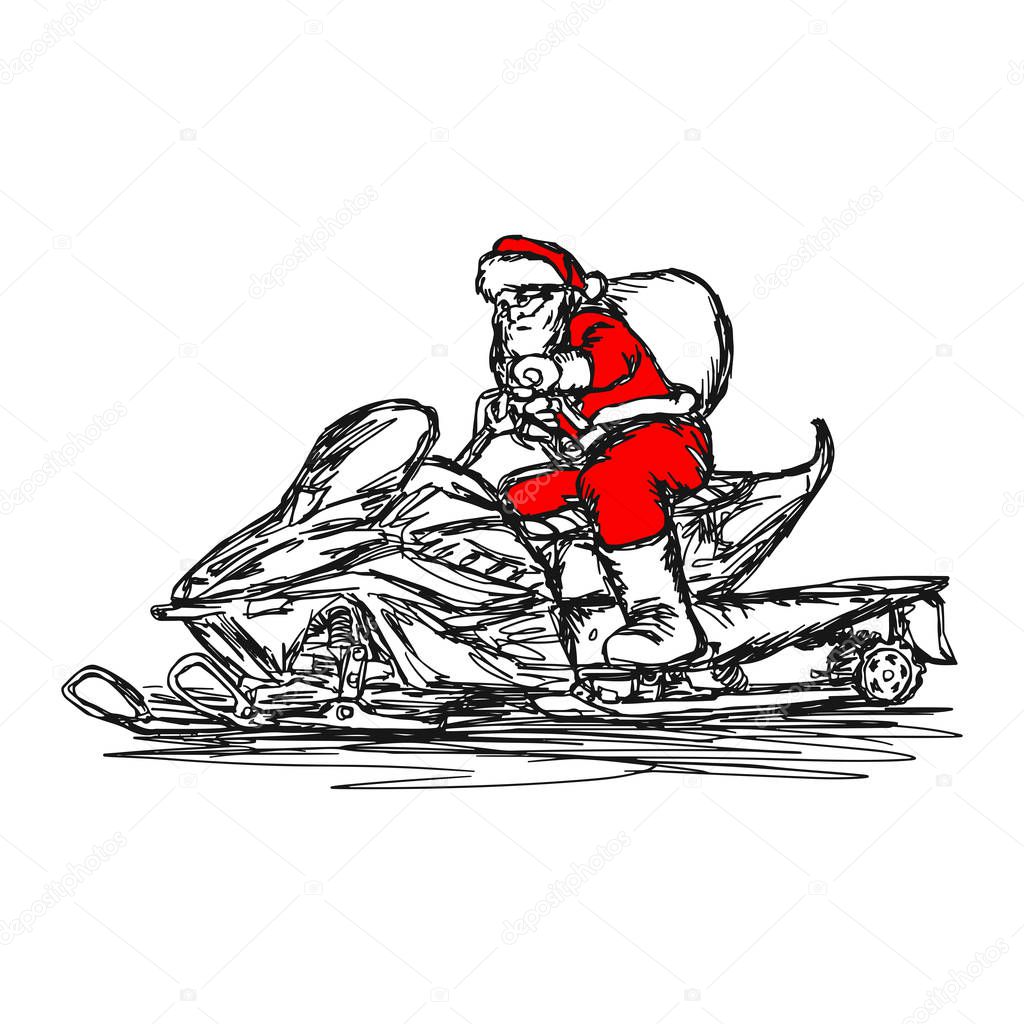 Santa Claus driving snowmobile vector illustration sketch hand drawn with black lines, isolated on white background