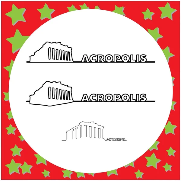 Parthenon di Akropolis di Athena, vektor Yunani menggambarkan garis hitam dengan teks, terisolasi dengan latar belakang lingkaran putih dengan bintang-bintang . - Stok Vektor
