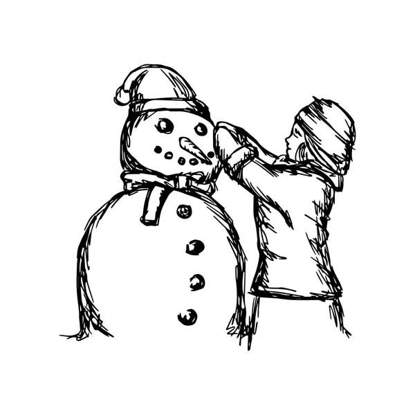 Mała dziewczynka budowa snowman wektor ilustracja szkic ręcznie rysowane z czarnymi liniami, izolowana na białym tle — Wektor stockowy