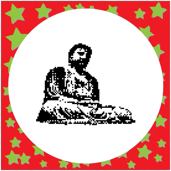 Great buddha of kamakura black 8-bit vector illustration isolated on round white background with stars — Stock Vector