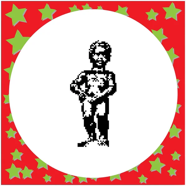 Manneken Pis or le Petit Julien monumento pequena escultura de bronze em Bruxelas Bélgica preto 8-bit vetor ilustração isolada no fundo branco redondo com estrelas — Vetor de Stock