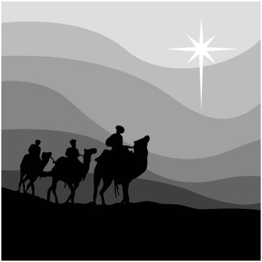 journey of three wise men vector illustration isolated on white background. Using editable shades of gray layers. nativity story background. clipart