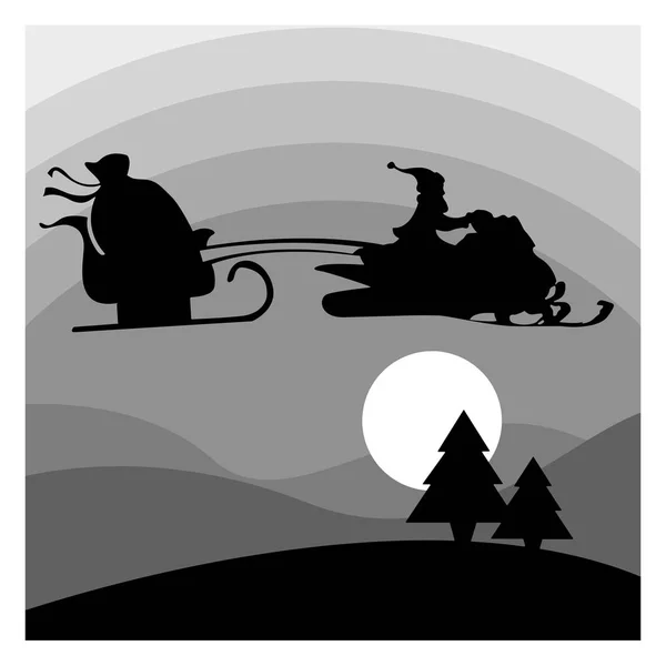 Silueta santa claus montando moto de nieve con trineo y una gran bolsa volando sobre la montaña y vector forestal ilustración aislada en tonos editables de fondo gris . — Archivo Imágenes Vectoriales