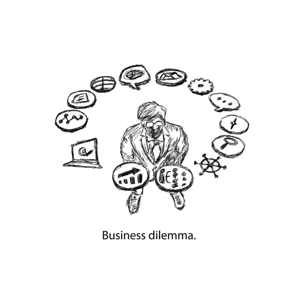 Ständiga affärsman som tittar upp på den roterande business ikoner vektor illustrationsketch hand dras med svarta linjer isolerad på vit bakgrund. Affärsidé. — Stock vektor