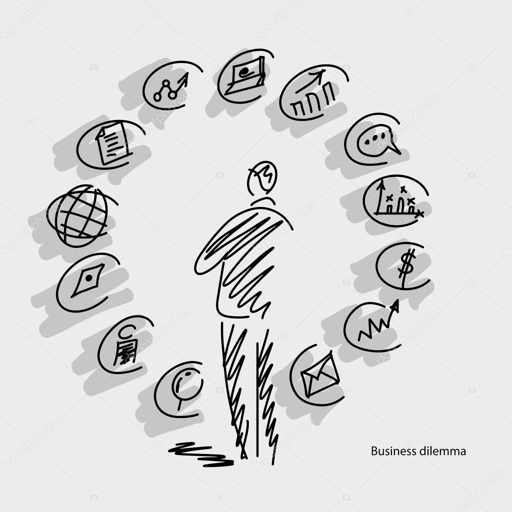 Businessman looking at business icons with shadow vector illustration doodle sketch hand drawn with black lines isolated on gray background. Business concept. 