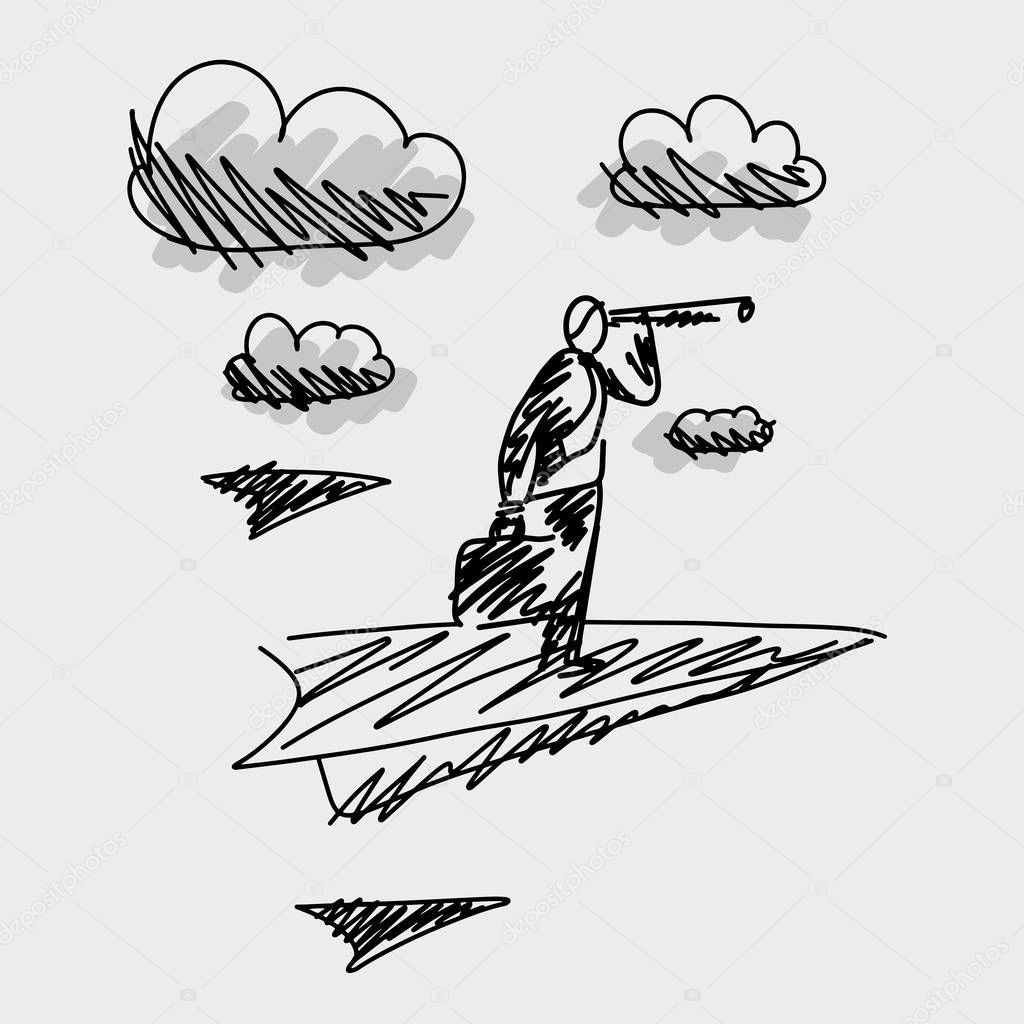 Businessman balancing on the paper airplane and searching for opportunities through telescope vector illustration doodle sketch hand drawn with black lines isolated on gray background. Business concept. 