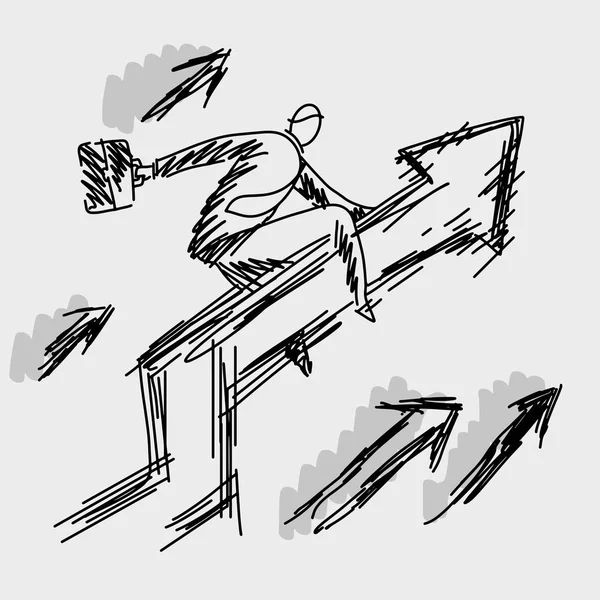 Geschäftsmann Reiten auf dem nach oben Diagramm Vektor Illustration Doodle Skizze Hand gezeichnet mit schwarzen Linien isoliert auf grauem Hintergrund. Erfolgskonzept. editierbares Kunstwerk. — Stockvektor