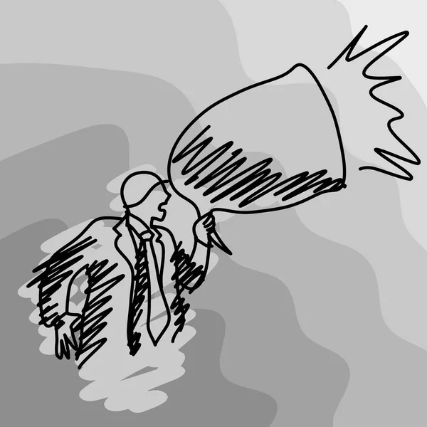 Podnikatel, drží balónek projev na křik vektorové ilustrace doodle skica ručně kreslenou s černými linkami izolované na šedém pozadí. Obchodní koncept. Upravitelná kresba. — Stockový vektor