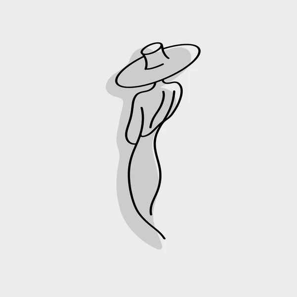Πίσω από γυναίκα με μεγάλο καπέλο και σκιά διανυσματικά εικονογράφηση σκίτσο χέρι με μαύρες καμπύλες γραμμές απομονώνονται σε γκρίζο φόντο — Διανυσματικό Αρχείο