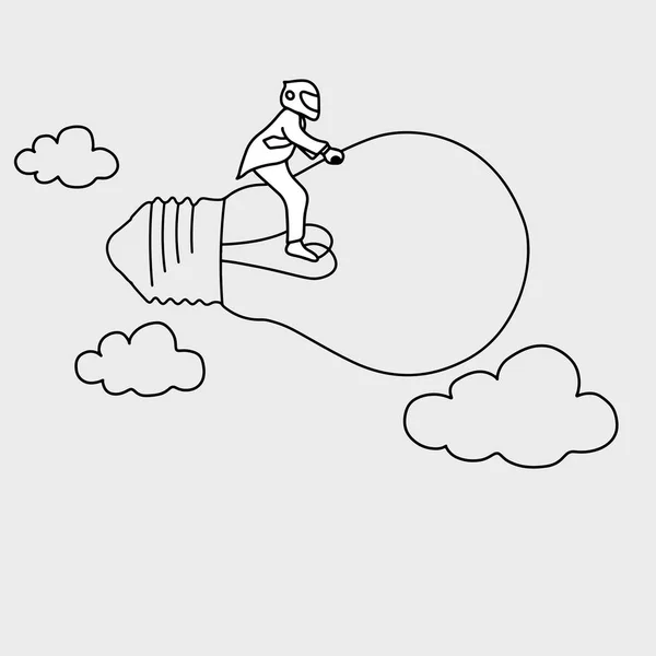 Businessman with helmet riding on flying lamp vector illustration doodle sketch hand drawn with black lines isolated on gray background. Creativity business concept. Editable artwork. — Stock Vector
