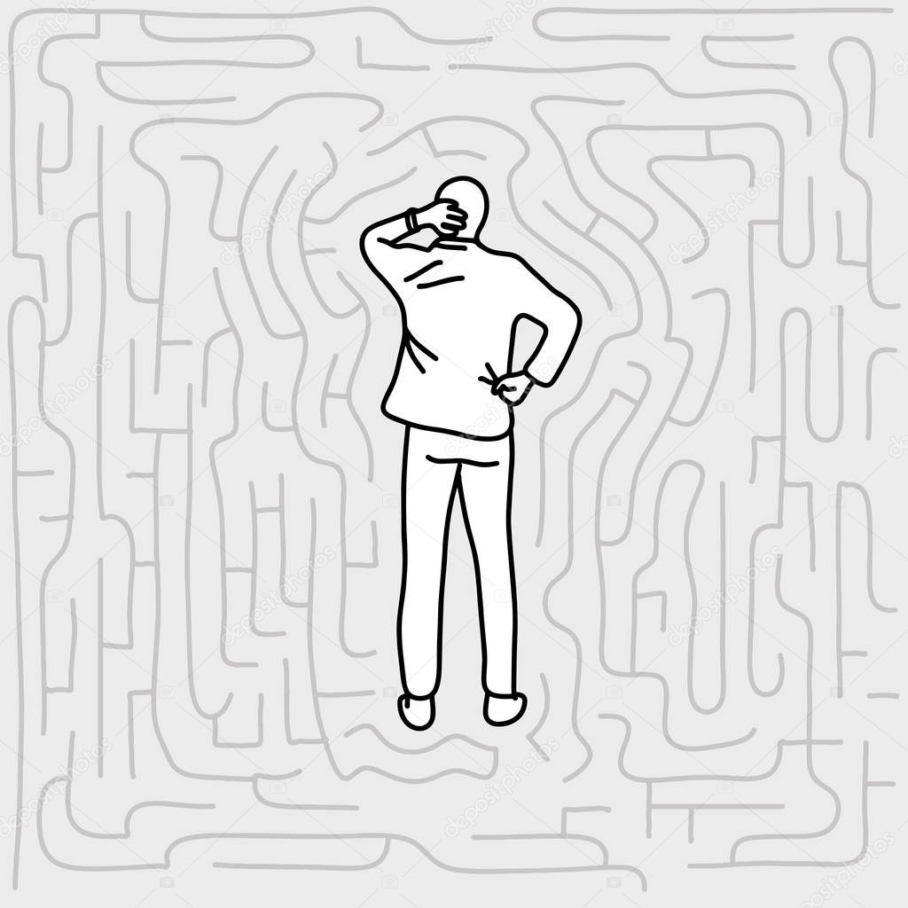 businessman standing in labyrinth vector illustration doodle sketch hand drawn with black lines isolated on gray background. Challenge business concept. Editable artwork.